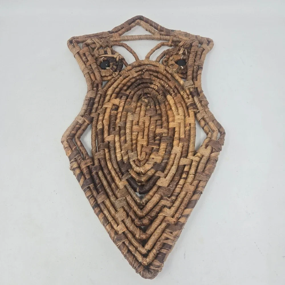 Vintage Woven Wicker Owl Wall Hanging Basket Boho Decor Natural Brown 16.5in
